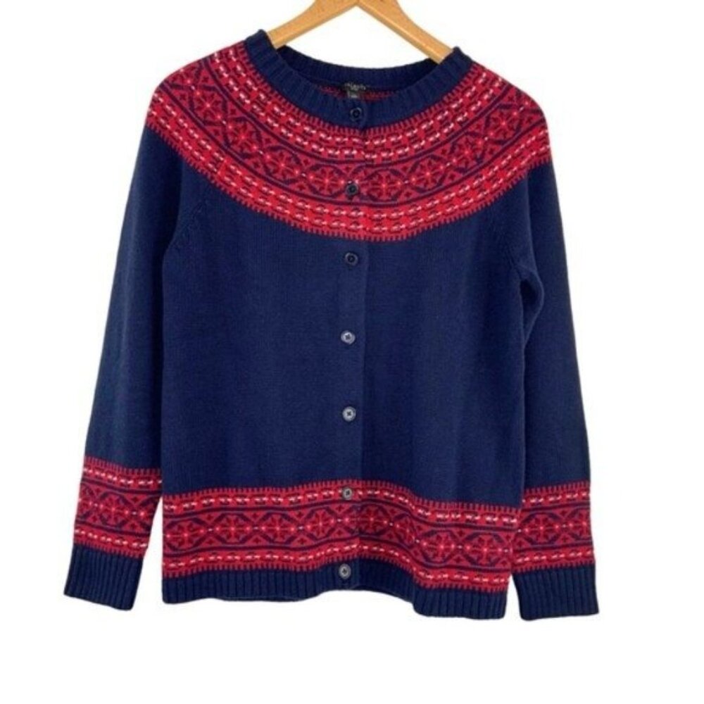 NWOT Talbots Fair Isle Cardigan in Red and Navy Blue - Picture 2 of 5